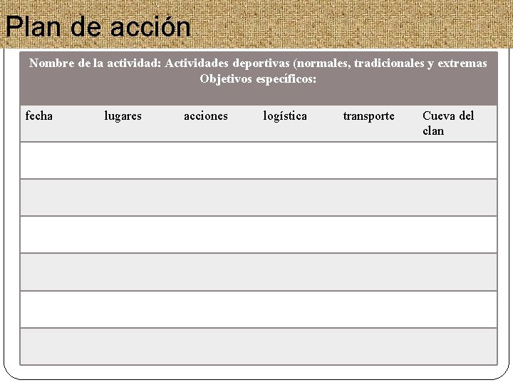 Plan de acción Nombre de la actividad: Actividades deportivas (normales, tradicionales y extremas Objetivos