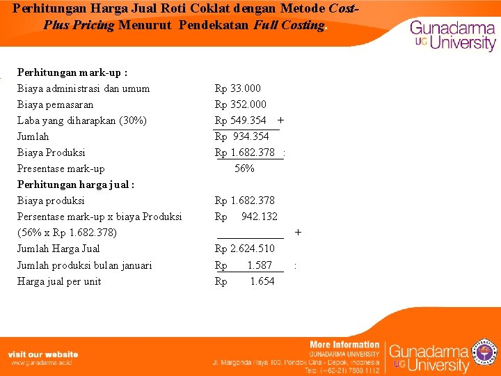 Perhitungan Harga Jual Roti Coklat dengan Metode Cost. Plus Pricing Menurut Pendekatan Full Costing.