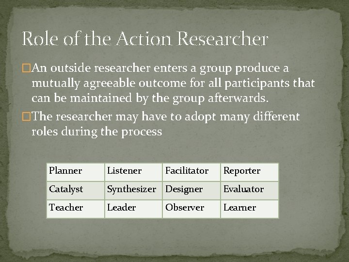 Role of the Action Researcher �An outside researcher enters a group produce a mutually