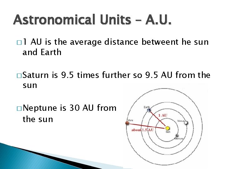 Astronomical Units – A. U. � 1 AU is the average distance betweent he