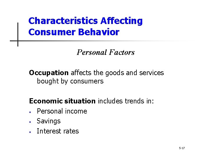 Characteristics Affecting Consumer Behavior Personal Factors Occupation affects the goods and services bought by Characteristics Affecting Consumer Behavior Personal Factors Occupation affects the goods and services bought by