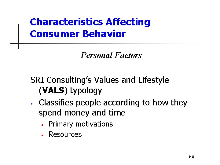 Characteristics Affecting Consumer Behavior Personal Factors SRI Consulting’s Values and Lifestyle (VALS) typology • Characteristics Affecting Consumer Behavior Personal Factors SRI Consulting’s Values and Lifestyle (VALS) typology •
