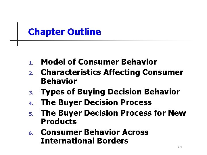 Chapter Outline 1. 2. 3. 4. 5. 6. Model of Consumer Behavior Characteristics Affecting Chapter Outline 1. 2. 3. 4. 5. 6. Model of Consumer Behavior Characteristics Affecting