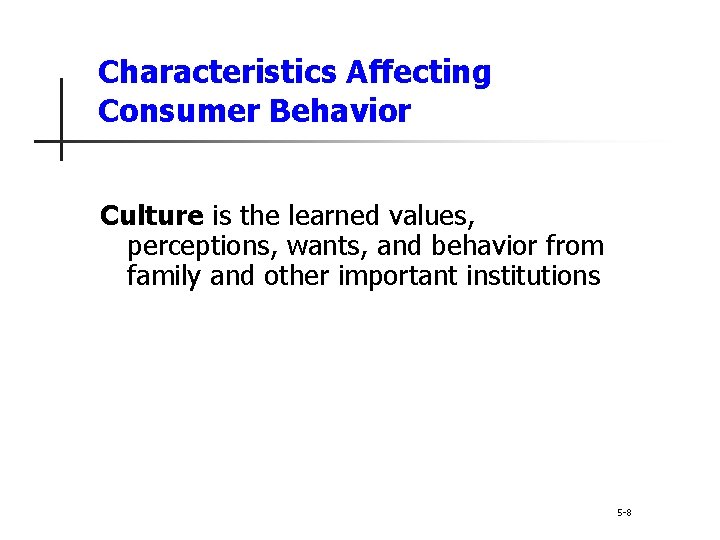 Characteristics Affecting Consumer Behavior Culture is the learned values, perceptions, wants, and behavior from Characteristics Affecting Consumer Behavior Culture is the learned values, perceptions, wants, and behavior from