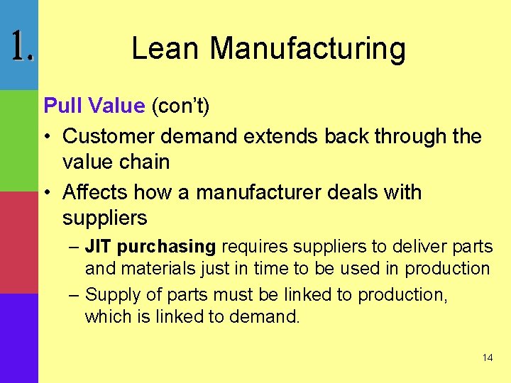 Lean Manufacturing Pull Value (con’t) • Customer demand extends back through the value chain