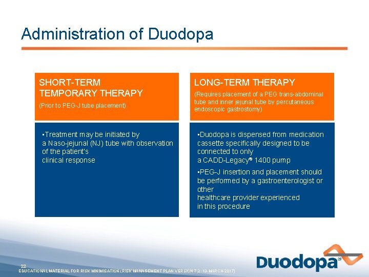Administration of Duodopa SHORT-TERM TEMPORARY THERAPY (Prior to PEG-J tube placement) • Treatment may