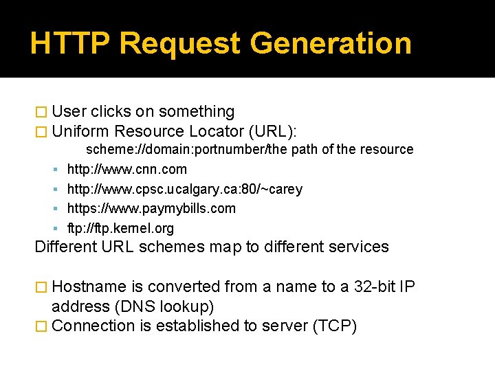 HTTP Request Generation � User clicks on something � Uniform Resource Locator (URL): scheme: