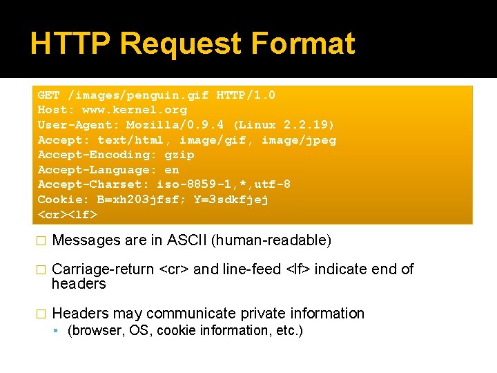 HTTP Request Format GET /images/penguin. gif HTTP/1. 0 Host: www. kernel. org User-Agent: Mozilla/0.