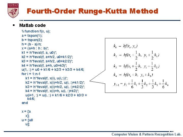 Fourth-Order Runge-Kutta Method § Matlab code %function f(x, u); a = tspan(1); b =