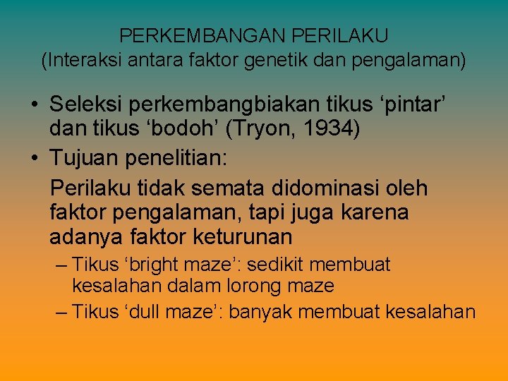 PERKEMBANGAN PERILAKU (Interaksi antara faktor genetik dan pengalaman) • Seleksi perkembangbiakan tikus ‘pintar’ dan