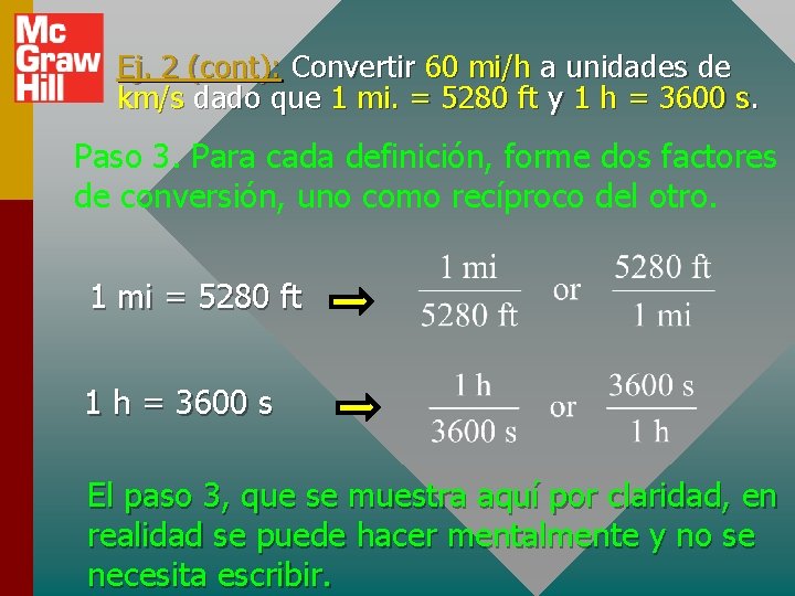 Ej. 2 (cont): Convertir 60 mi/h a unidades de km/s dado que 1 mi.