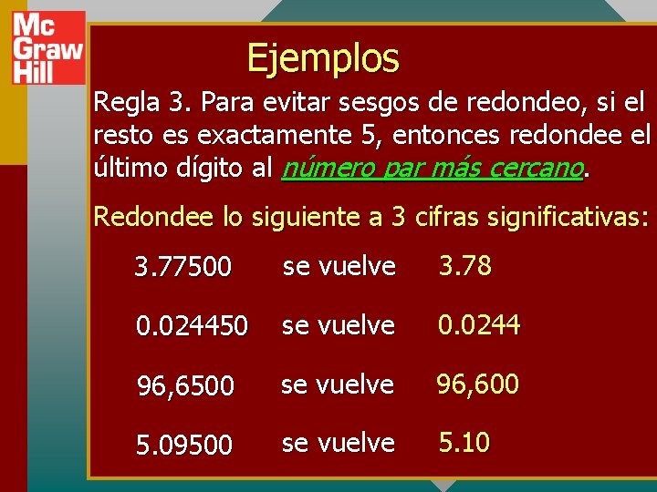 Ejemplos Regla 3. Para evitar sesgos de redondeo, si el resto es exactamente 5,