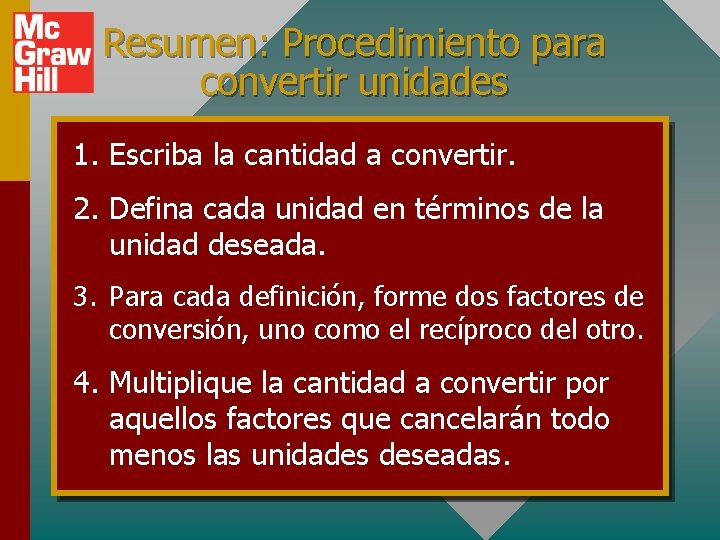 Resumen: Procedimiento para convertir unidades 1. Escriba la cantidad a convertir. 2. Defina cada