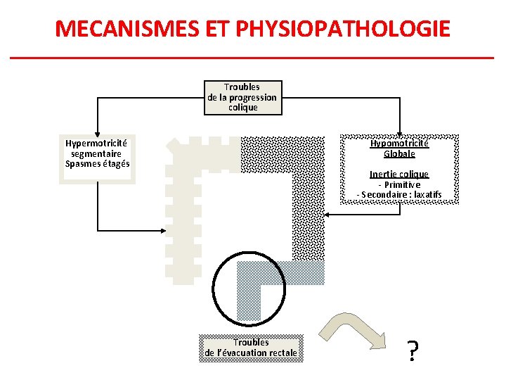 MECANISMES ET PHYSIOPATHOLOGIE Troubles de la progression colique Hypermotricité segmentaire Spasmes étagés Hypomotricité Globale