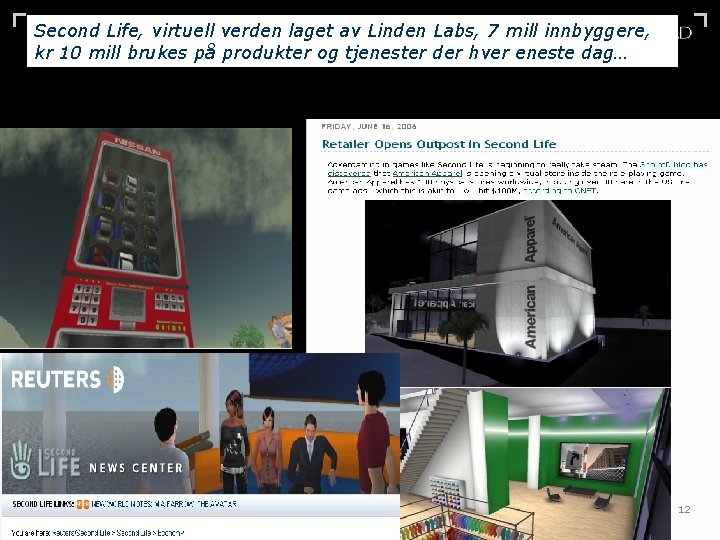 Second Life, virtuell verden laget av Linden Labs, 7 mill innbyggere, kr 10 mill