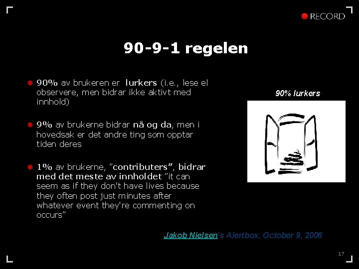 90 -9 -1 regelen l 90% av brukeren er lurkers (i. e. , lese