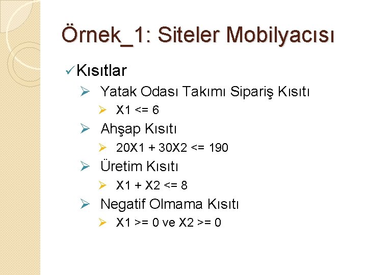 Örnek_1: Siteler Mobilyacısı ü Kısıtlar Ø Yatak Odası Takımı Sipariş Kısıtı Ø X 1
