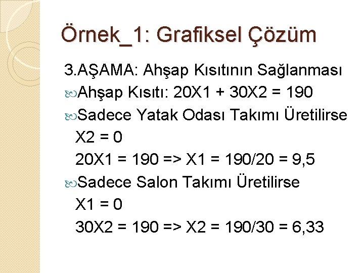 Örnek_1: Grafiksel Çözüm 3. AŞAMA: Ahşap Kısıtının Sağlanması Ahşap Kısıtı: 20 X 1 +