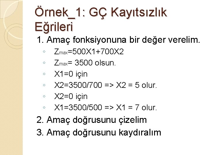 Örnek_1: GÇ Kayıtsızlık Eğrileri 1. Amaç fonksiyonuna bir değer verelim. ◦ ◦ ◦ Zmax=500
