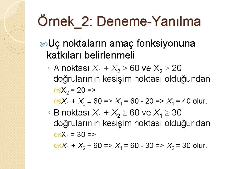 Örnek_2: Deneme-Yanılma Uç noktaların amaç fonksiyonuna katkıları belirlenmeli ◦ A noktası X 1 +