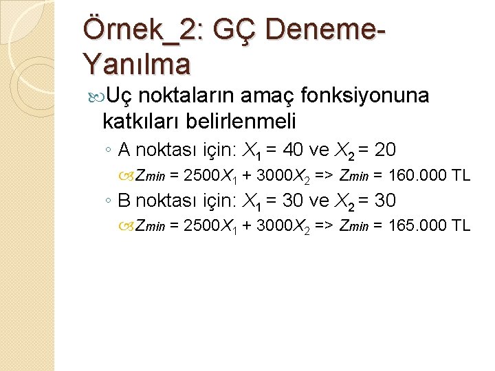 Örnek_2: GÇ Deneme. Yanılma Uç noktaların amaç fonksiyonuna katkıları belirlenmeli ◦ A noktası için:
