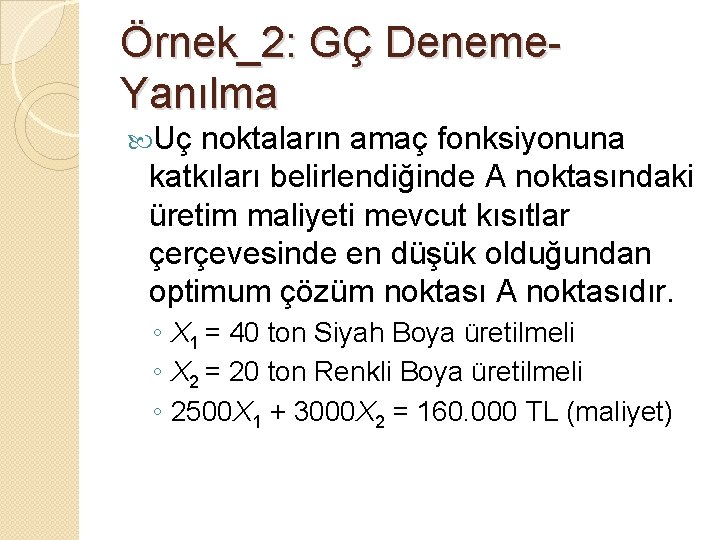 Örnek_2: GÇ Deneme. Yanılma Uç noktaların amaç fonksiyonuna katkıları belirlendiğinde A noktasındaki üretim maliyeti