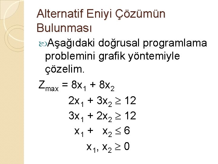 Alternatif Eniyi Çözümün Bulunması Aşağıdaki doğrusal programlama problemini grafik yöntemiyle çözelim. Zmax = 8