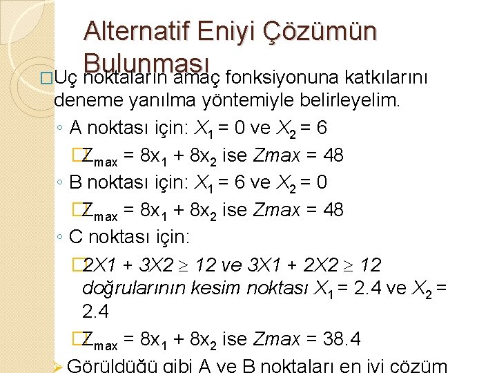 Alternatif Eniyi Çözümün Bulunması �Uç noktaların amaç fonksiyonuna katkılarını deneme yanılma yöntemiyle belirleyelim. ◦