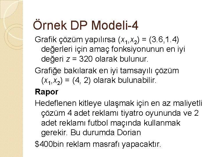 Örnek DP Modeli-4 Grafik çözüm yapılırsa (x 1, x 2) = (3. 6, 1.