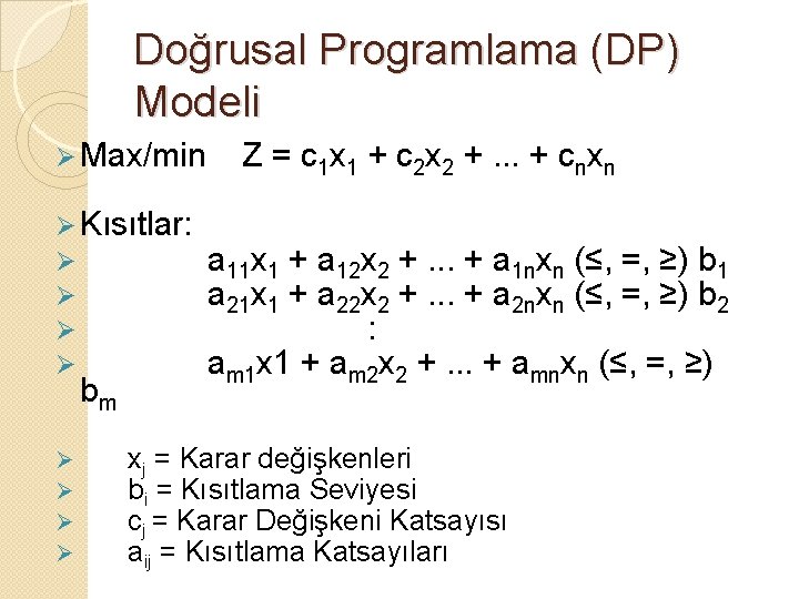 Doğrusal Programlama (DP) Modeli Ø Max/min Ø Kısıtlar: Ø Ø bm Ø Ø Z