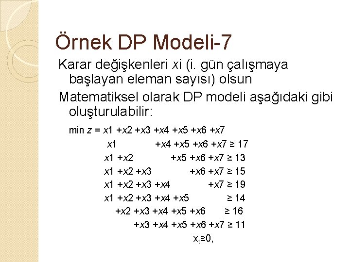Örnek DP Modeli-7 Karar değişkenleri xi (i. gün çalışmaya başlayan eleman sayısı) olsun Matematiksel
