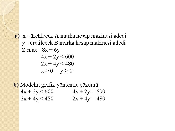 a) x= üretilecek A marka hesap makinesi adedi y= üretilecek B marka hesap makinesi