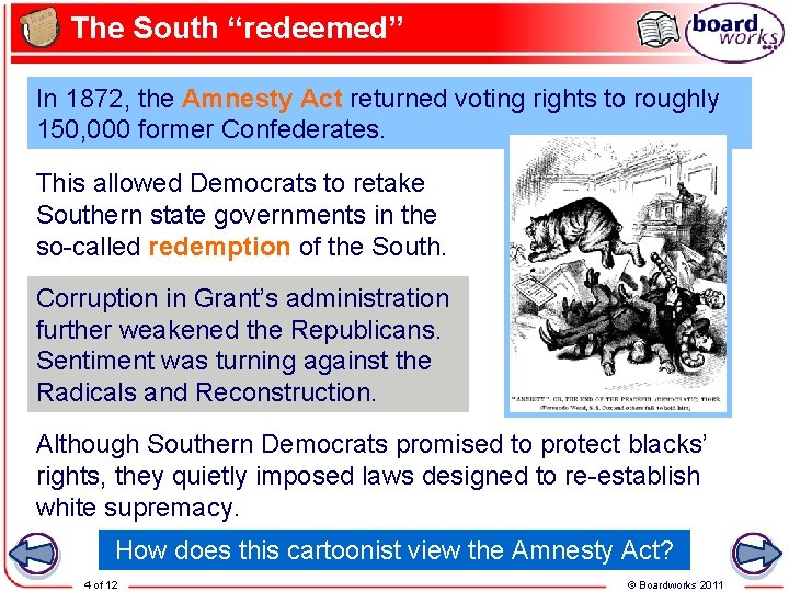 The South “redeemed” In 1872, the Amnesty Act returned voting rights to roughly 150,