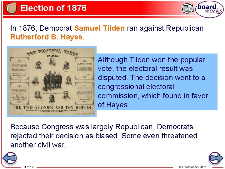 Election of 1876 In 1876, Democrat Samuel Tilden ran against Republican Rutherford B. Hayes.