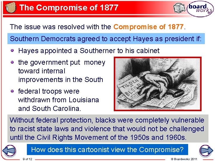 The Compromise of 1877 The issue was resolved with the Compromise of 1877. Southern