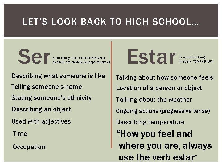 LET’S LOOK BACK TO HIGH SCHOOL… Ser is for things that are PERMANENT and