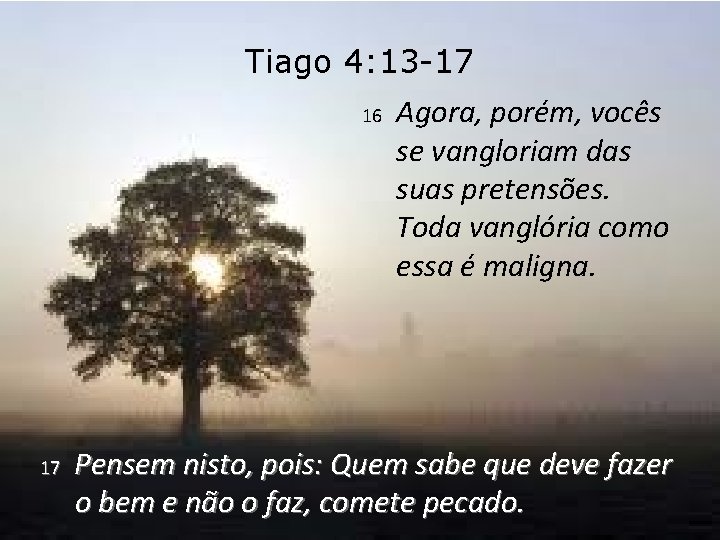 Tiago 4: 13 -17 16 17 Agora, porém, vocês se vangloriam das suas pretensões.