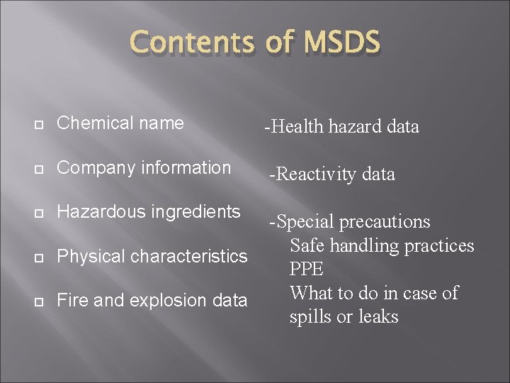 Contents of MSDS Chemical name -Health hazard data Company information -Reactivity data Hazardous ingredients