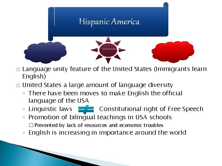 Hispanic America � � Language unity feature of the United States (Immigrants learn English)