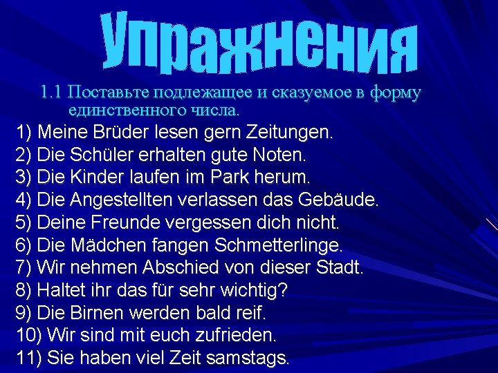 1. 1 Поставьте подлежащее и сказуемое в форму единственного числа. 1) Meine Brüder lesen