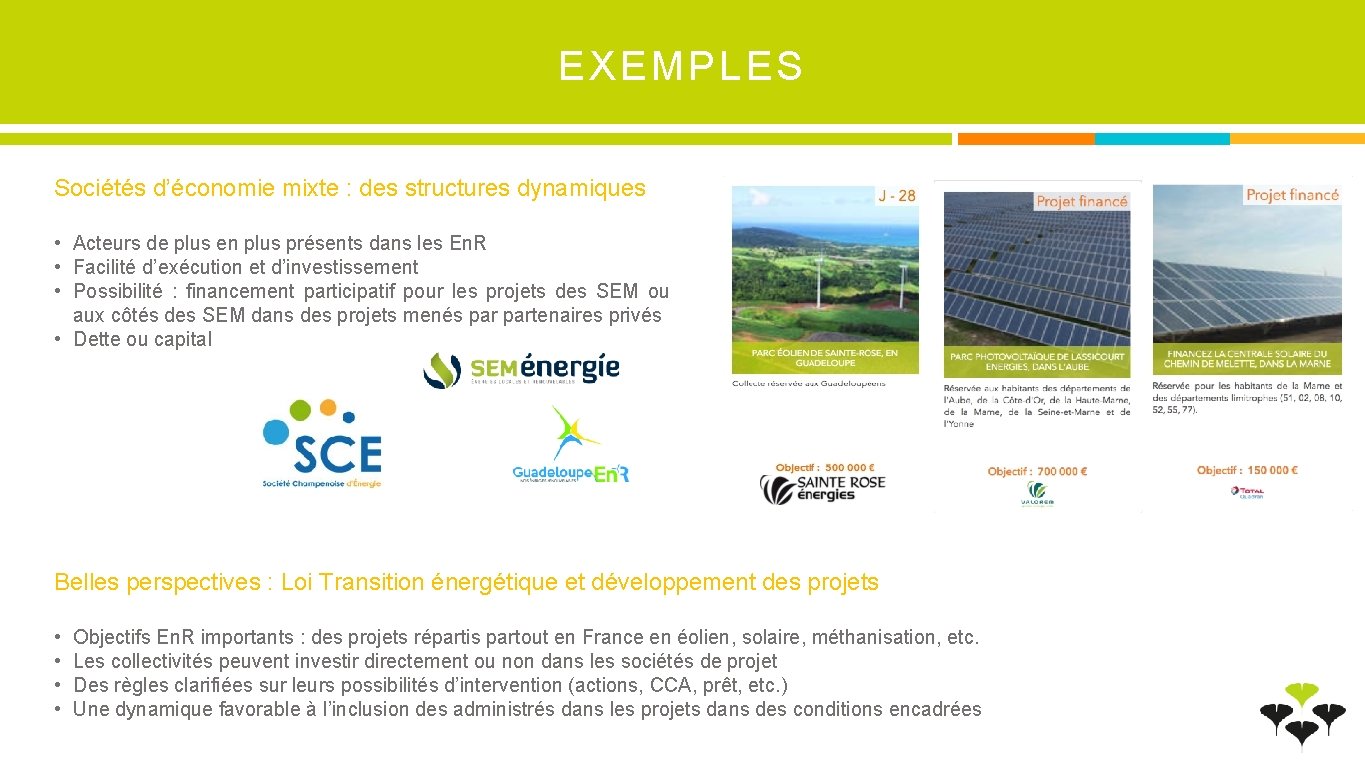 EXEMPLES Sociétés d’économie mixte : des structures dynamiques • Acteurs de plus en plus