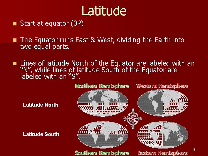 Latitude n Start at equator (0º) n The Equator runs East & West, dividing Latitude n Start at equator (0º) n The Equator runs East & West, dividing