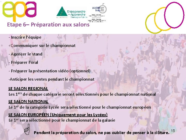 Etape 6– Préparation aux salons - Inscrire l’équipe - Communiquer sur le championnat -