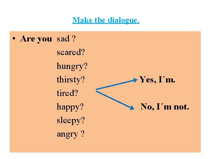 Make the dialogue. • Are you sad ? scared? hungry? thirsty? tired? happy? sleepy?