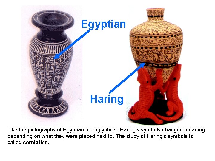 Egyptian Haring Like the pictographs of Egyptian hieroglyphics, Haring’s symbols changed meaning depending on