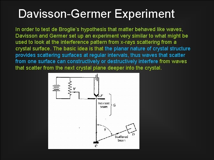 Davisson-Germer Experiment In order to test de Broglie’s hypothesis that matter behaved like waves,