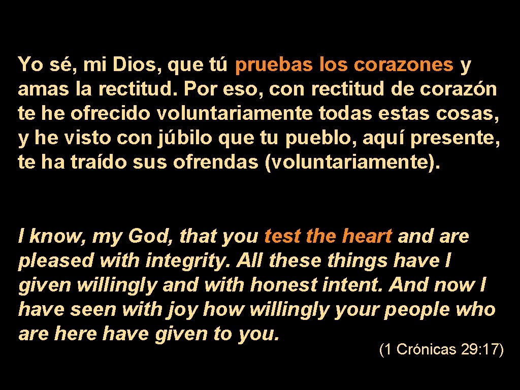 Yo sé, mi Dios, que tú pruebas los corazones y amas la rectitud. Por