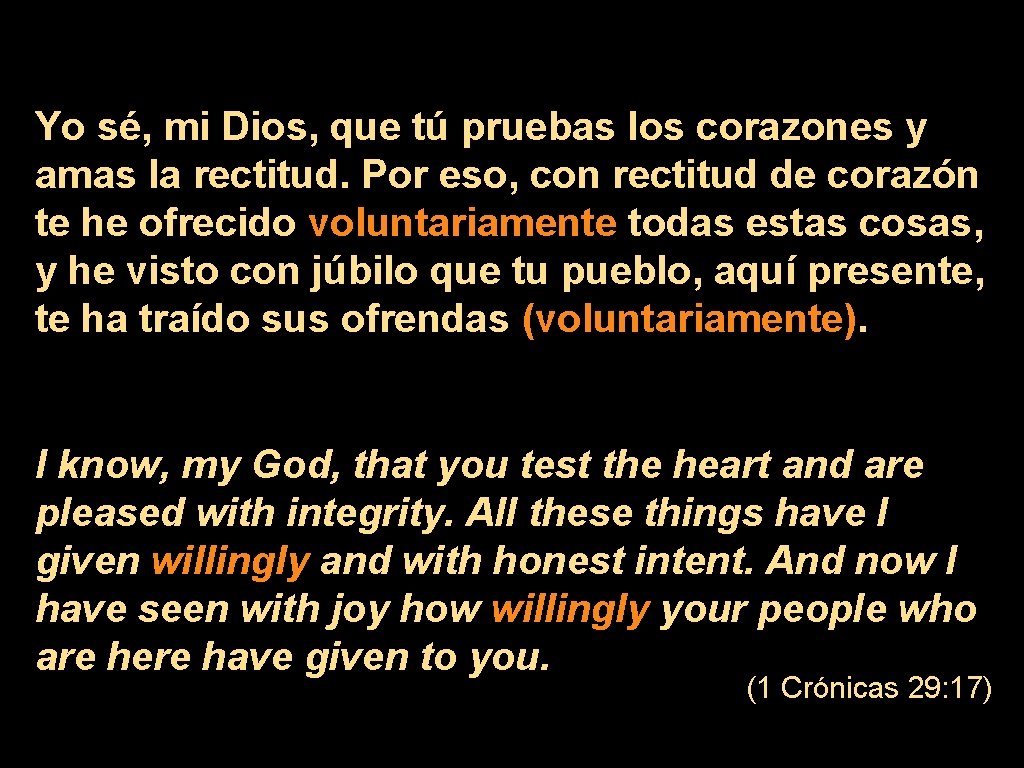 Yo sé, mi Dios, que tú pruebas los corazones y amas la rectitud. Por