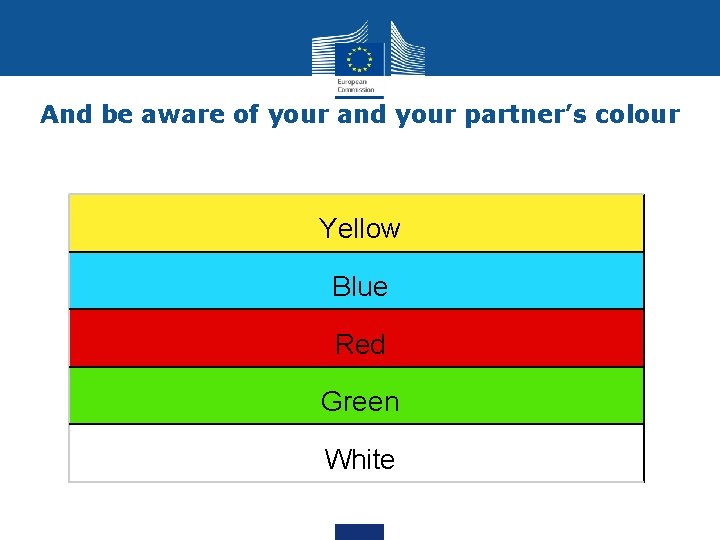 And be aware of your and your partner’s colour Yellow Blue Red Green White