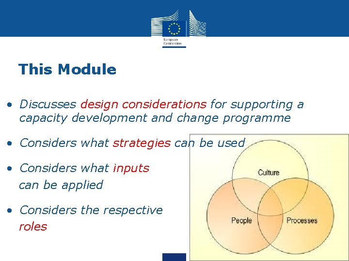 This Module • Discusses design considerations for supporting a capacity development and change programme